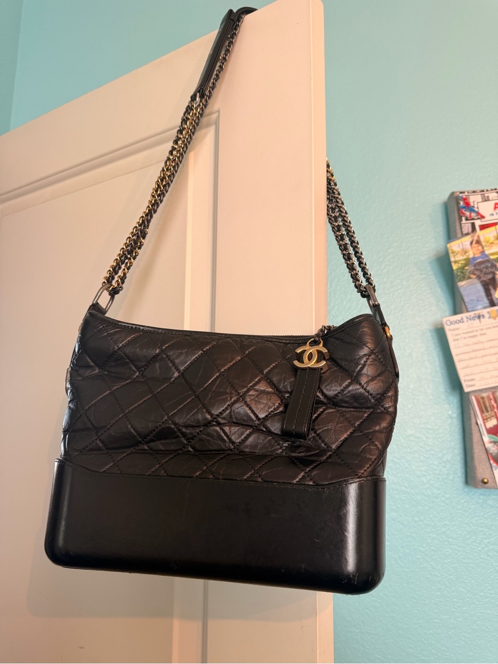 CHANEL Black Gabrielle Hobo Quilted Leather Shoulder Bag with Gold CC Charm